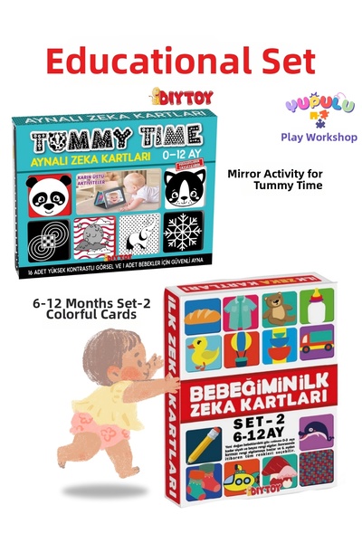 Diytoy بطاقات نشاطات وذكاء أولية للأطفال من عمر 6 إلى 12 شهرًا مع مرآة - مجمو...