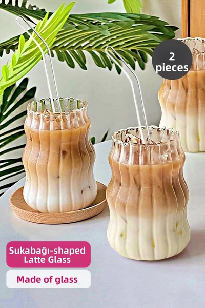 Tilbe Home Set of 2 Gourd Latte Glasses with Straws Nordic Style Glass Cups C...