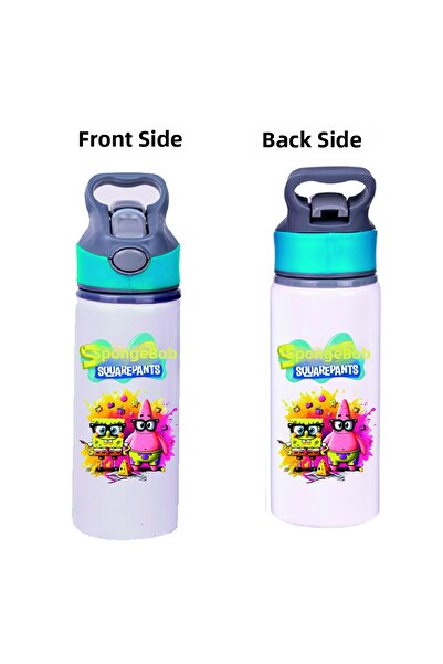 DKDZ SHOP Sunger Bobbb Printed Blue Metal Water Bottle with Straw-650Ml.