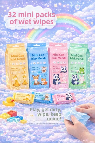 Tilbe Home 32 Pieces of Cute Figured Mini Wet Pocket Wipes Panda Zebra Elepha...