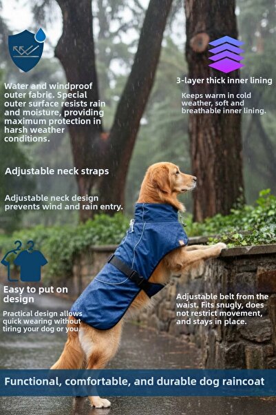 salya store Navy Blue Waterproof Large Breed Dog Raincoat - 9-55kg