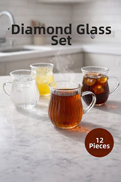 Kitchen Way Set of 12 200 ml Borosilicate Glass Cups with Handles and Line Pa...