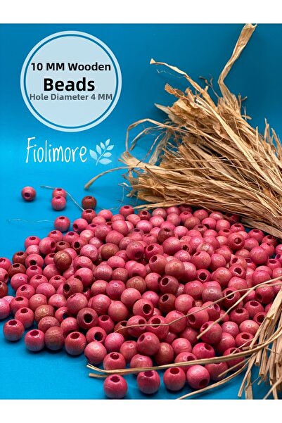 Fiolimore 10 мм розови дървени мъниста (50 гр, 135 броя) с широк отвор 4 мм, ...