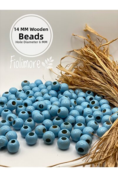 Fiolimore 14 мм сини дървени мъниста (50 гр, 47 броя) с широк отвор 6 мм за м...