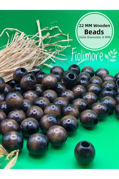 Fiolimore 22 мм кафяви дървени мъниста (50 гр, 13 броя) с широк отвор 8 мм, з...
