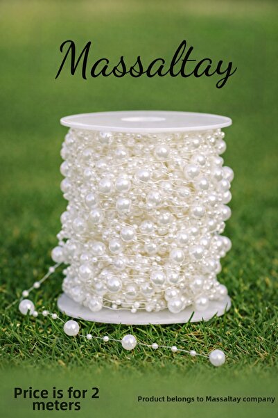 Massaltay Κρεμ Κορδέλα με Κρόσσια και Πέρλες 5 Μέτρα – Διακοσμητική Πέρλινη Κ...