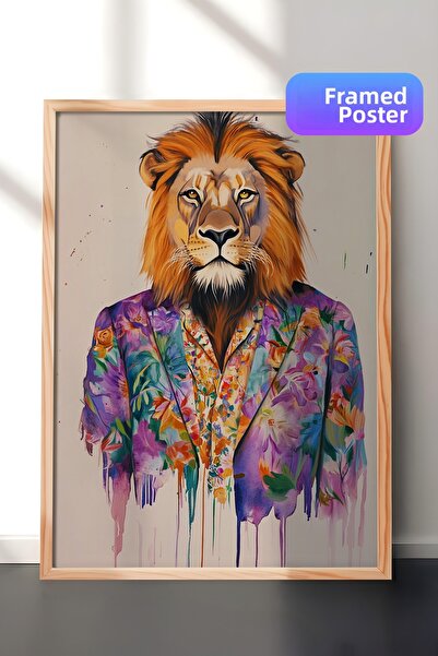 Zestia Tablou de perete cu ramă din lemn, ilustrație portret cu leu, decor pe...