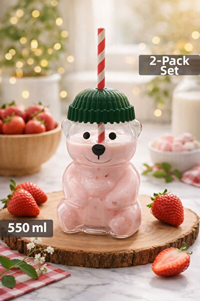 naturelove مجموعة من 2 كوب زجاجي بتصميم باريستا تيدي بير مع مصاصة للمشروبات ا...