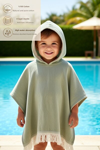 CESSTORE 100% Cotton 4 Layer Muslin Children's Poncho Bathrobe, Hooded, High ...
