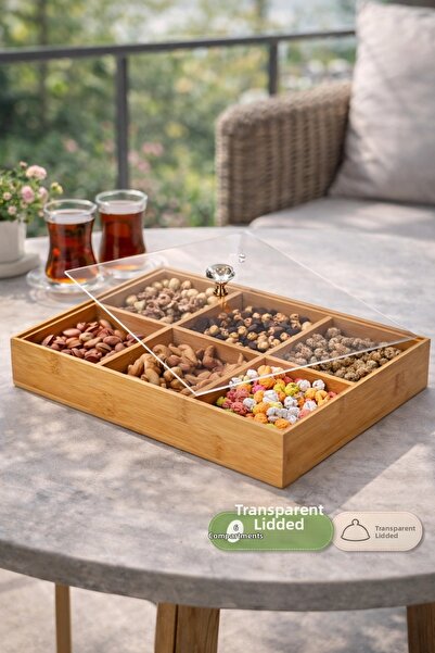 Madamev 6 Compartments Bamboo Snack Bowl with Clear Acrylic Lid Breakfast Pre...