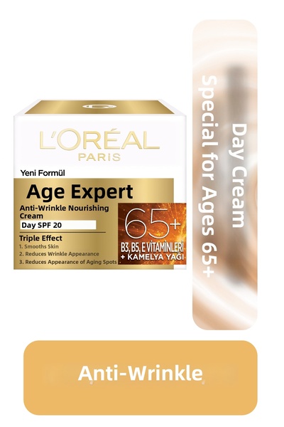 L'Oreal Paris كريم نهاري مغذي مضاد للتجاعيد من Age Expert 65+ مع فيتامين B3 وB5 وفيتامين E وعامل حماية من الشمس SPF30، 50 مل