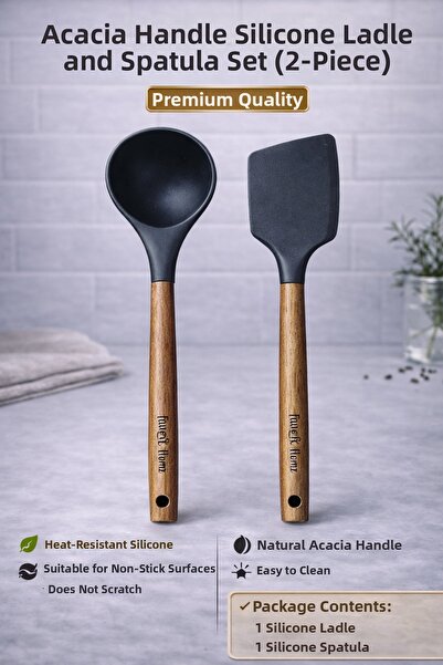 Single Set of 2 Acacia Handle Scoop Spatula Set, Heat Resistant, Fireproof, N...