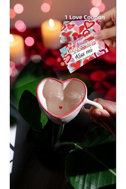 Maui كوب سيراميك أحمر على شكل قلب مصنوع يدويًا، هدية عيد الحب، مع قسيمة حب وا...