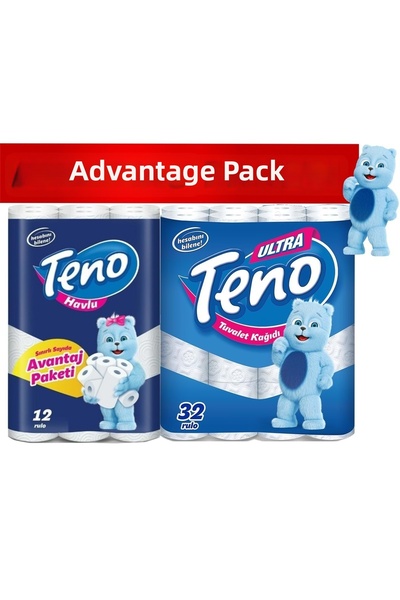 Teno ورق تواليت الترا 32 عبوة + 12 عبوة مناشف ورقية أدفانتج Pk (طبقتين)