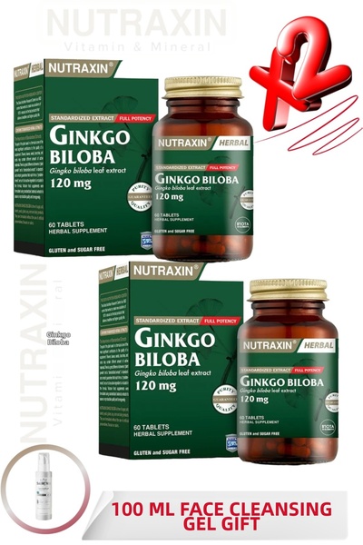 Nutraxin جينكو بيلوبا 120 ملغ 60 قرص 2 قطعة + 100 مل جل تنظيف الوجه هدية