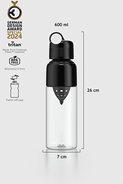 Renga زجاجة مياه مون 600 مل تريتان ديتوكس مع عصارة 911028 أسود