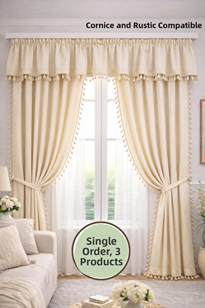 perde plus Комплект завеси с ресни, Farbelalı – комплект от 3 части, съвмести...