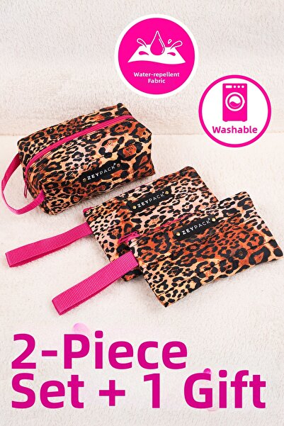 zeypack مجموعة حقائب مكياج بنقشة الفهد مكونة من قطعتين
