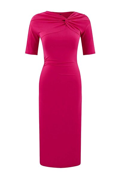 Trendyol Collection Φούξια Φόρεμα με ασύμμετρο λαιμόκοψη σε σχήμα Α/καμπάνα, ...