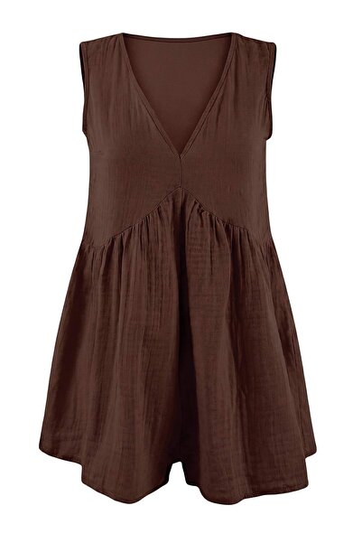 Trendyol Collection Brown Woven Mini 100% Cotton Muslin Beach Jumpsuit Tbess2...