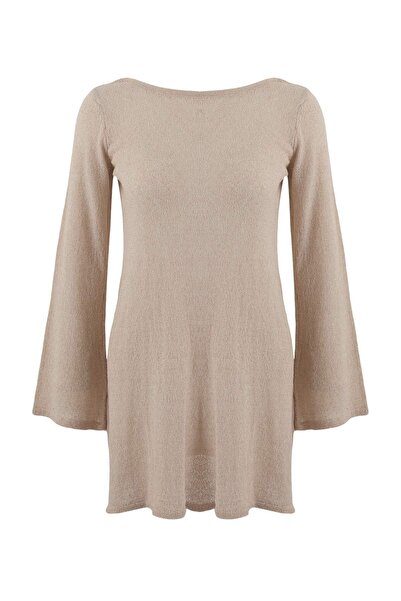 Trendyol Collection Beigefarbenes Strick-Super-Mini-Strandkleid mit Rückendet...