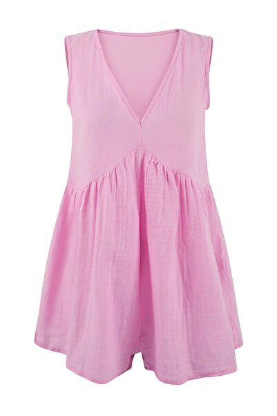 Trendyol Collection Pink Woven Mini 100% Cotton Muslin Beach Jumpsuit Tbess26...