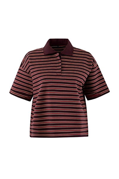 Trendyol Collection Roșu Claret cu dungi supradimensionat Model Guler polo De...
