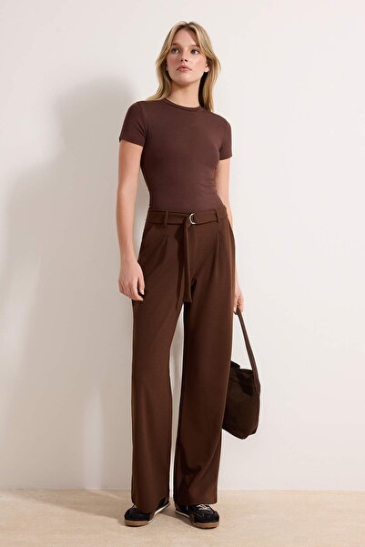 Trendyol Collection Dark Brown Belted Wideleg/Wide Leg High Waist Smart Crepe...