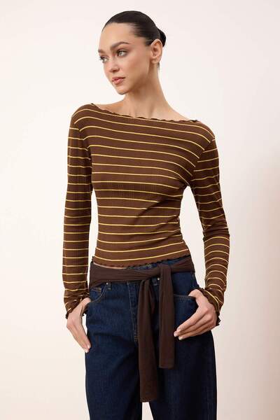 Trendyol Collection Wardrobe Essentials-Brown Striped Fitted/Bodycon Knitted ...