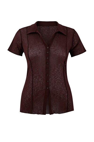 Trendyol Curve Brown Shirt Collar Transparent Bodycon Stretchy Knitted Plus S...