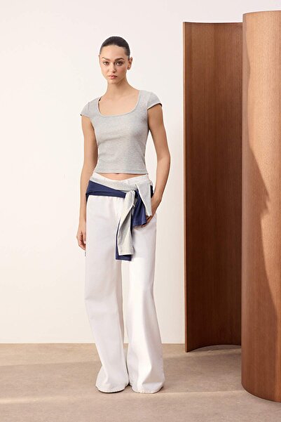 Trendyol Collection Grey Melange Slim Square Neck Short Sleeve Crop Corded Fa...