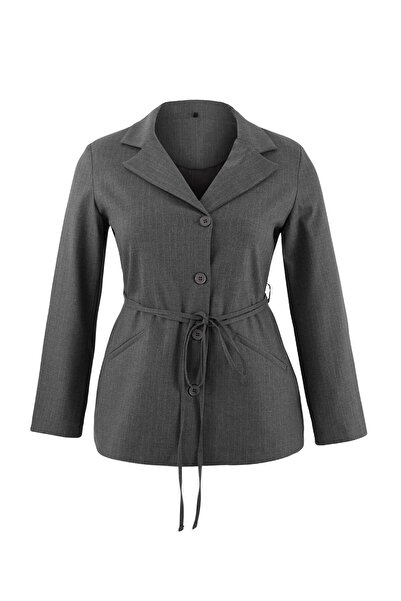 Trendyol Curve Anthracite Striped Tie Detail Large Size Woven Jacket Tbbss26A...