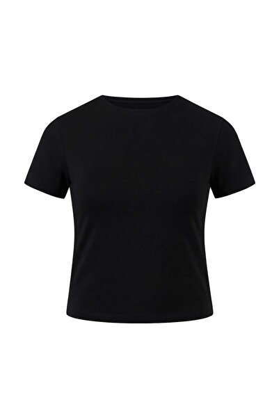 Trendyol Curve Black Flexible Fitted Basic Crew Neck Short Length Plus Size T...