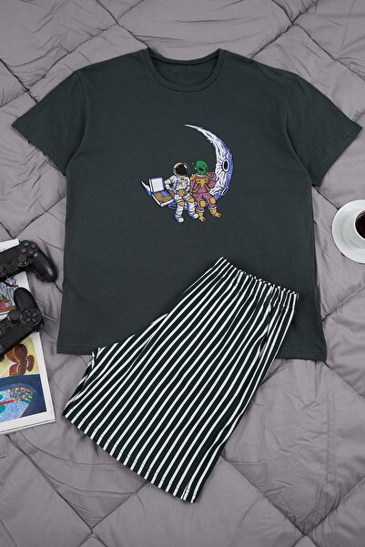 Trendyol Collection Σετ πιτζάμες με κοντό μανίκι από κανονικό βαμβάκι ανθρακί...