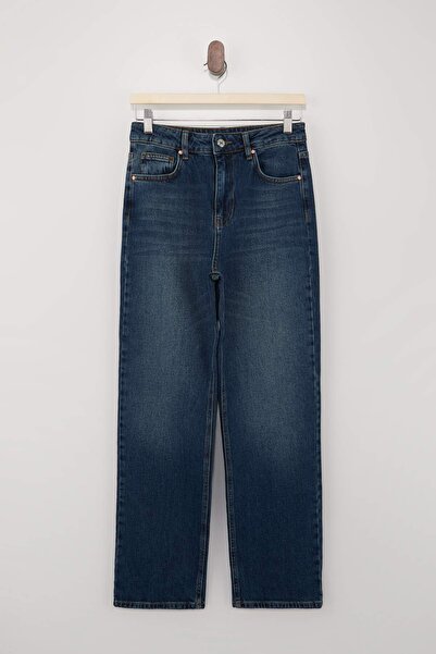 Trendyol Collection Blue High Waist Less Stretch Straight Straight Cut Jeans ...