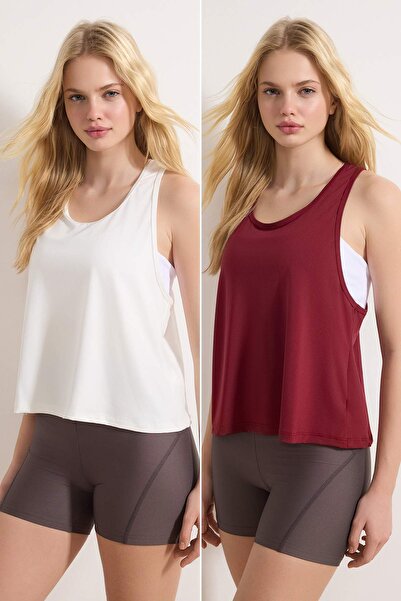 Trendyol Collection Εκρού-Βουργουνδία 2-τεμαχιακό Αθλητικό Πλεκτό Μπλουζάκι α...