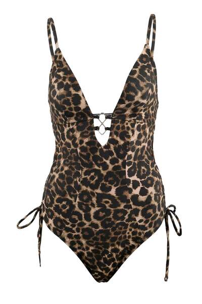 Trendyol Collection Costum de baie cu imprimeu leopard, decolteu în V adânc, ...