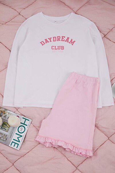 Trendyol Curve White-Pink Printed Plus Size Pajamas Set Tbbss26Ai00012