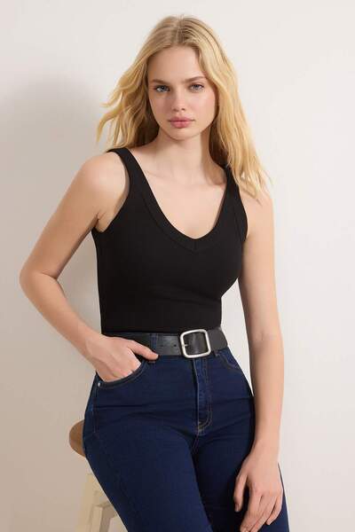 Trendyol Collection Black V-Neck Thick Strap Ribbed Flexible Knitted Undershi...