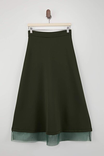 Trendyol Modest Khaki Unlined Plain Knitted Hem Tulle Detailed Hijab Skirt Tc...