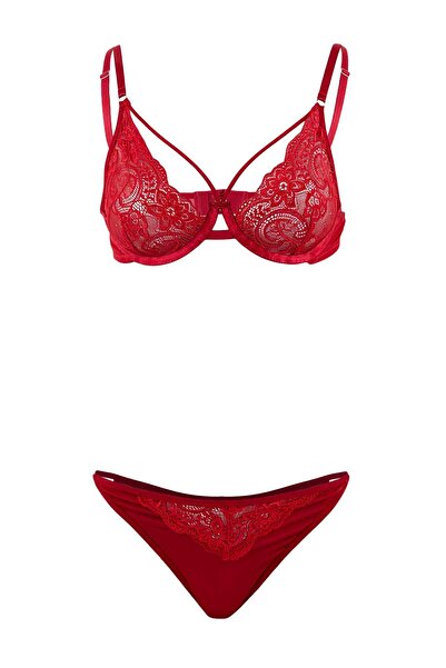 Trendyol Collection Rotes, ohne Körbchen gepolstertes Unterwäsche-Set mit Spi...