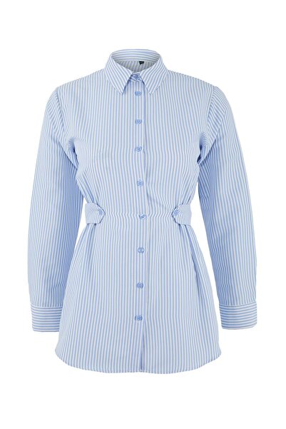 Trendyol Modest Blue Fitted Terry Cotton Plain Woven Elastic Back Hijab Shirt...