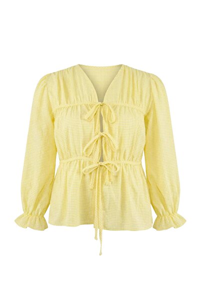 Trendyol Curve Bluză cu mâneci lungi cu balon, cu textura gofrată, cu fundă g...