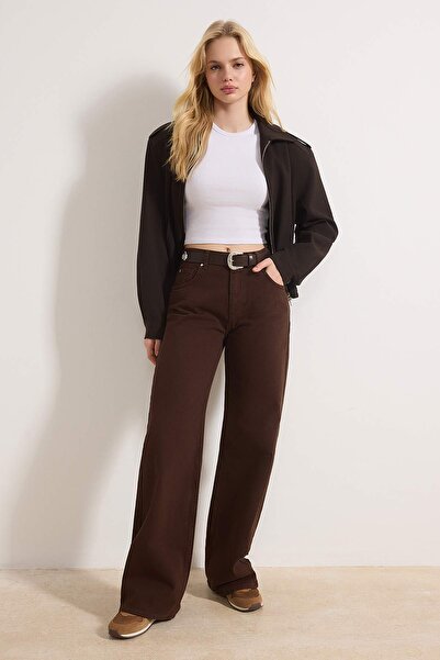Trendyol Collection Brown Belted High Waist Wide Leg Palazzo Jeans Twoaw26Je0...