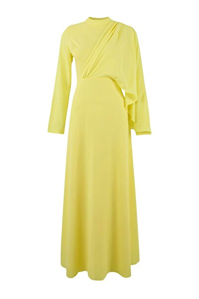 Trendyol Modest Light Yellow Skater Jessica Plain Woven Hijab Evening Dress T...