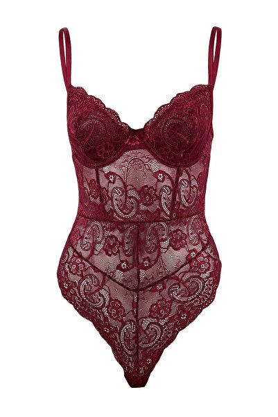 Trendyol Collection Dunkelkirschfarbener Spitzen-Body ohne Kapsel THMSS26BD00001