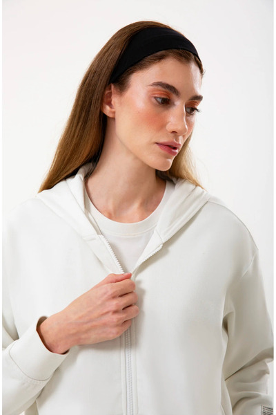 UNIQVIBE سويت شيرت نسائي بلون الحجر مكون من قطن عضوي قطع مع سحاب أمامي