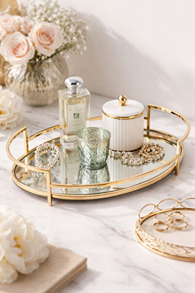 esdekor 36x22cm Oval Gold Renk Metal Aynalı Cam Tepsi 15inch Yuvarlak Makyaj ...