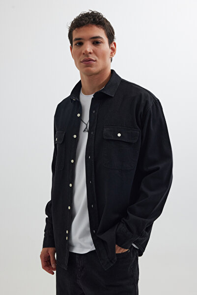 Tudors Erkek Relax Fit Rahat Kesim Spor Yaka Çift Cep Kapaklı Denim Siyah Gömlek