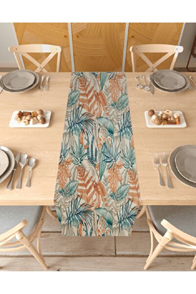 GREENDECOR 40X150Cm Leaf Bohemian Patterned Digital Printed Modern Tablecloth